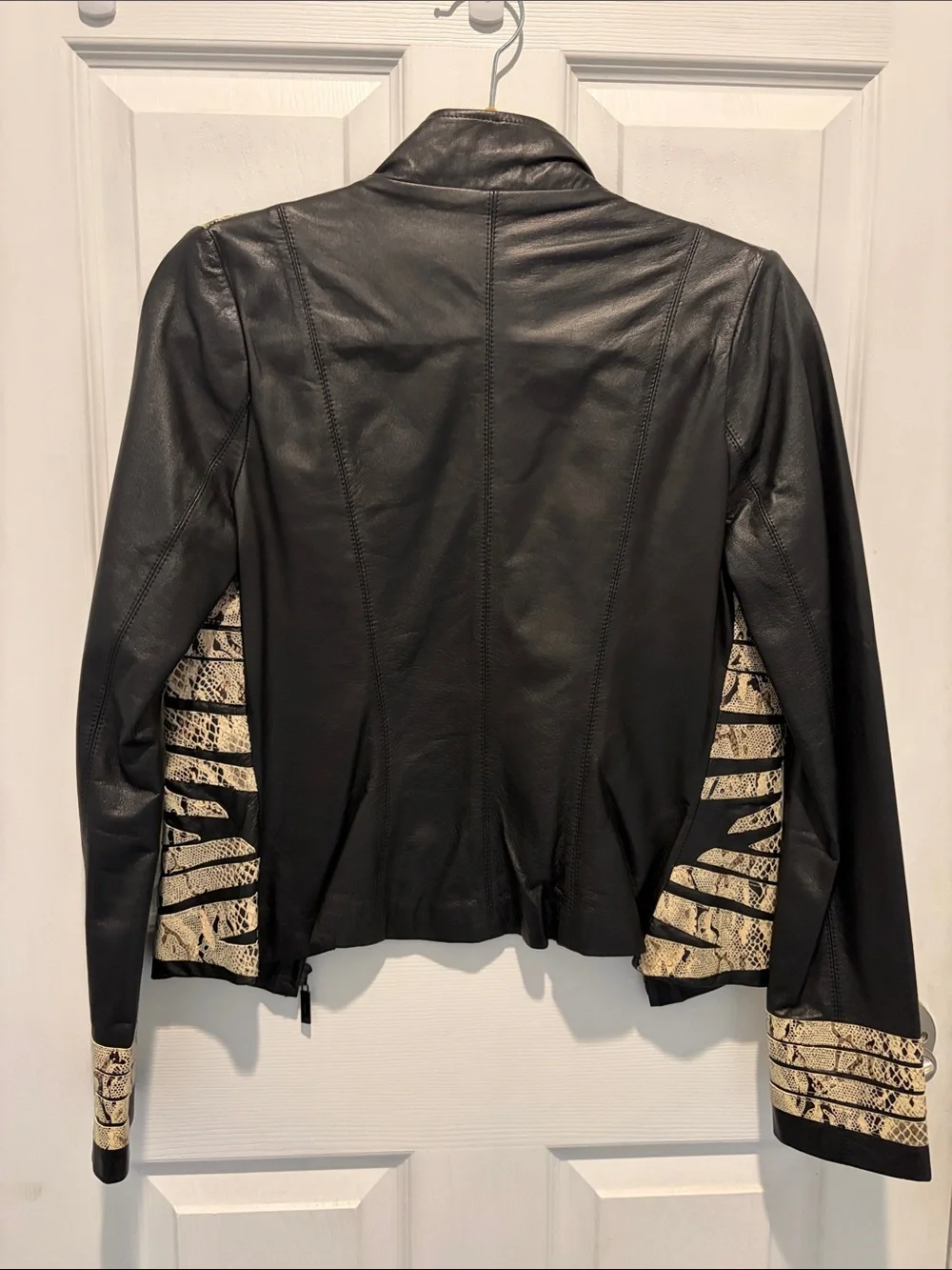 Black Leather Jacket with Beige Snake-Print Panels